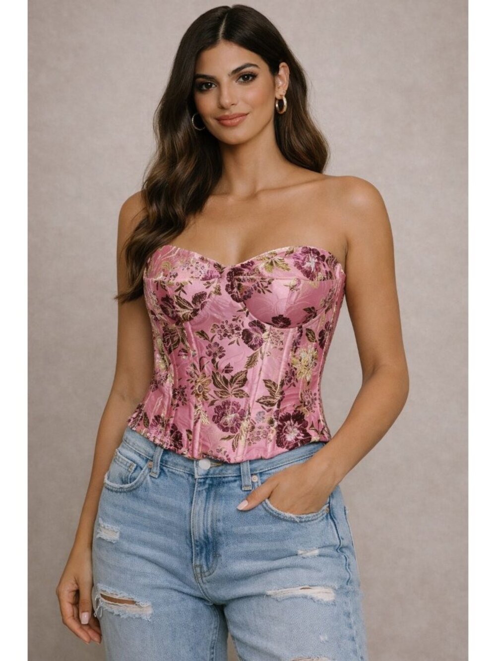 PrettyLittleThing Corset Womens Size 6 Pink Floral Print Satin Zipper up